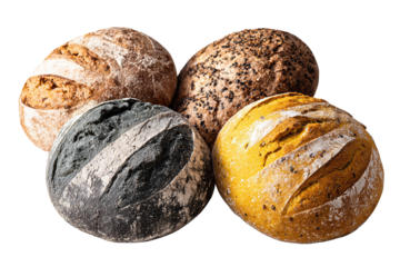 Assortment of four artisan bread boules in rye, multigrain, charcoal, and turmeric, isolated on transparent background.
