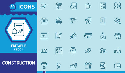 Minimalist construction line icons set. Containing worker, repair,architecture and more.Vector illustration.