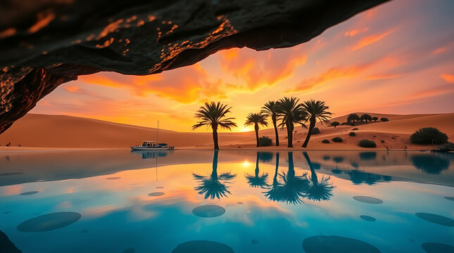 Tranquil desert oasis at setting sun, view from a natural archway of rock showcasing palm trees standing on golden sand dunes reflective on the mirror-like water nearby against golden hues of sunset