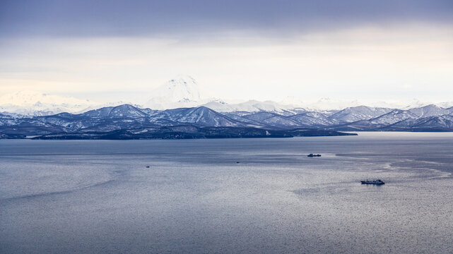 panoramic view of Avacha Bay in evening twilight