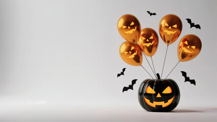 Spooky Halloween pumpkins and balloons with glowing faces and bats for festive holiday decorations