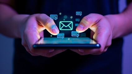 Person using smartphone with email notifications and communication symbols showing