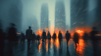Blurred silhouettes of people walking in a foggy city with orange light reflections motion