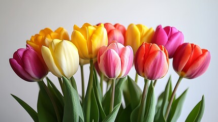 Colorful Tulip Bouquet Vibrant Yellow, Pink, and Orange Tulips with Green Leaves on White Background