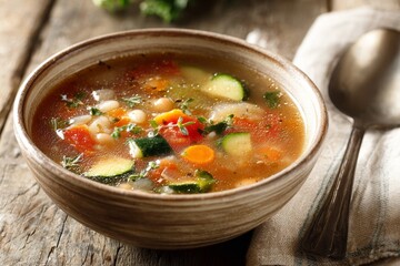 Rustic Vegetable Soup Bowl On Wood Table, Comfort Food, Healthy Eating, Close-up View, Warm And Nutritious Meal, Culinary Art, Vegan And Vegetarian Options Available