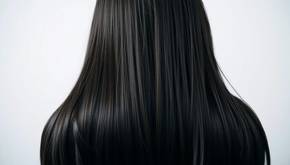Naklejka premium Long, glossy black hair cascading down, showing natural shine and volume, intense, thick hair