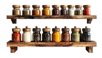 Two wooden spice rack shelves filled with glass jars of various spices