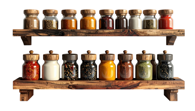 Two wooden spice rack shelves filled with glass jars of various spices