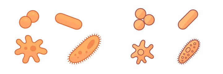Colorful cartoon bacteria and microbes in various shapes and sizes on a clean background