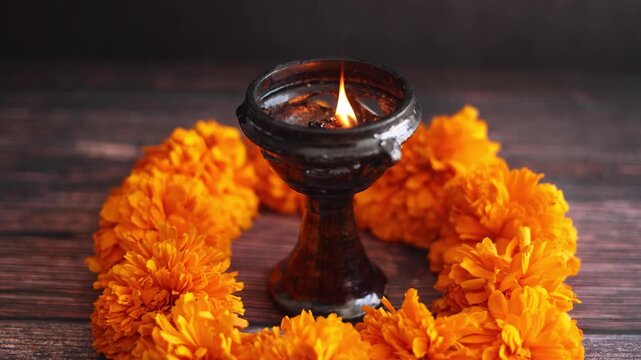 Mexican offering with burning and smoky incense called "Incienso de copal" on altar for Celebration of Mexico's Day of the Dead in Latin America