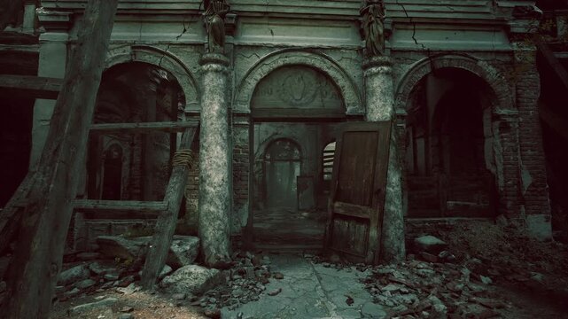 Overgrown vegetation surrounds the entrance of a deteriorating structure showing crumbling columns and broken doors. Dust and debris cover the ground, hinting at years of neglect.