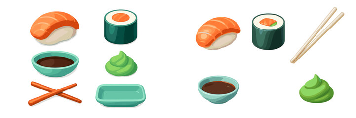 Colorful sushi and condiments displayed on a clean surface with chopsticks and bowls ready for a delicious meal