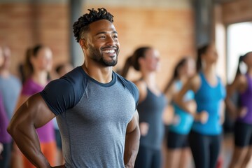 
Fitness trainer showing exercise technique to class
