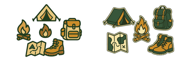 Illustrations of camping gear and outdoor activities featuring tents, backpacks, maps, and campfires for adventure enthusiasts