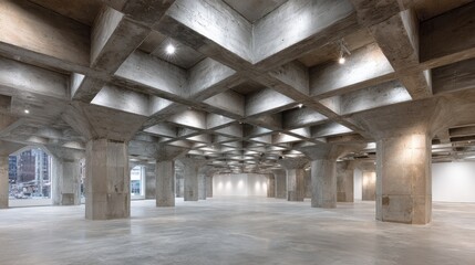 Obraz premium Brutalist Concrete Interior with Grid Ceiling and Columns architecture