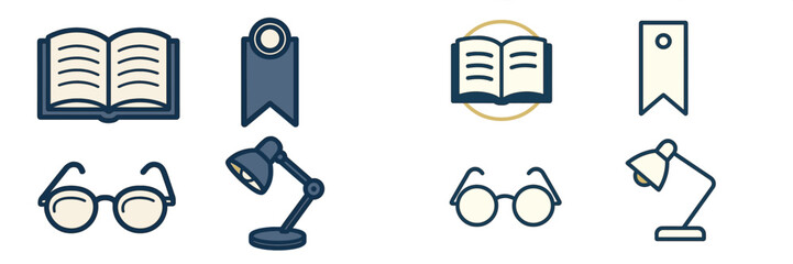 Collection of reading icons featuring books, bookmarks, glasses, and desk lamps on a minimal background