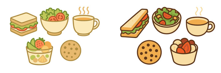 Delicious variety of healthy meals featuring salads, sandwiches, and desserts on a simple background