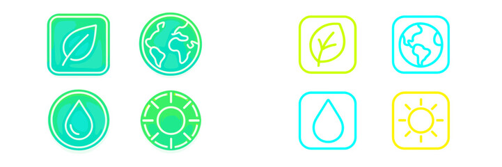 Colorful icons representing nature and sustainability with leaf, water, and earth designs during a modern graphic design session
