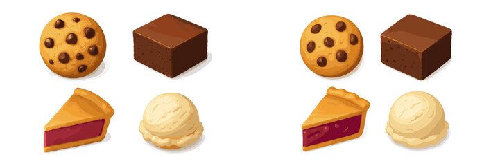 Delicious assortment of desserts featuring cookies, brownies, pie, and ice cream on a simple background
