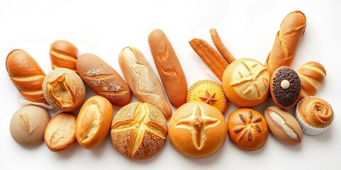 Variety of freshly baked bread, rolls, and pastries on white background,  pastries,  cookies