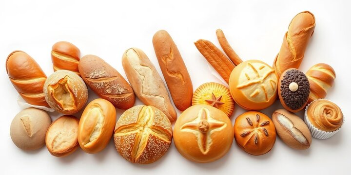 Variety of freshly baked bread, rolls, and pastries on white background,  pastries,  cookies