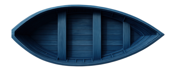 Top view of a blue wooden boat on a white background.