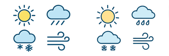 Different weather icons representing sunny, rainy, windy, and snowy conditions in a clear design layout