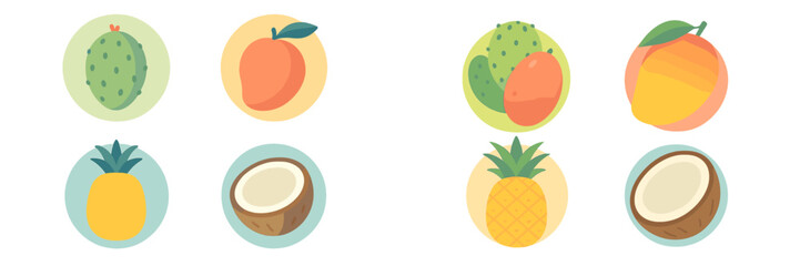 Colorful collection of tropical fruits displayed in simple round icons on a white background