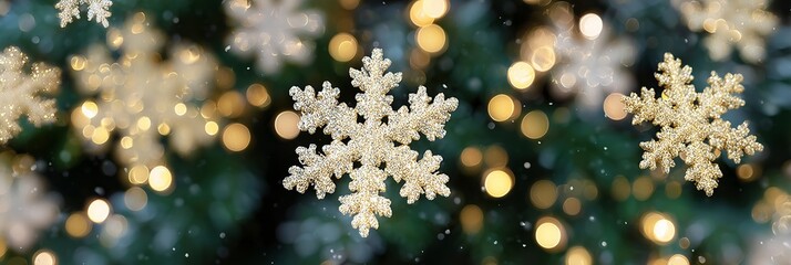 Golden snowflakes gently falling against a blurred green background, creating a magical Christmas atmosphere with warm bokeh lights, perfect for festive celebrations and holiday decorations