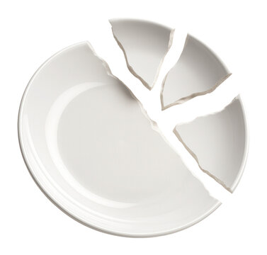 Three-part broken white plate on white background.