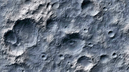 Aerial view of a heavily cratered surface with varying sizes and depths under diffused lighting conditions