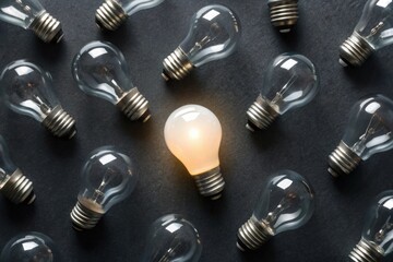 Fototapeta premium Single glowing bulb among unlit ones on dark surface, symbolizing individuality, creativity, and the emergence of a standout idea