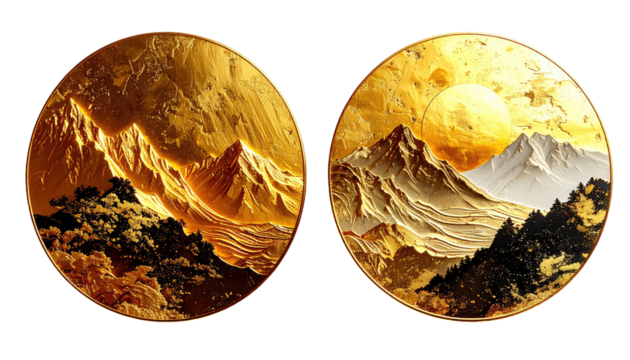 Two golden circular mountain landscapes - Powered by Adobe