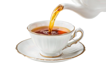 Classic white porcelain teacup with saucer as amber tea pours in, isolated on transparent background.
