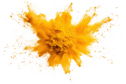 Exploding turmeric powder cloud abstract conceptual design with transparent background