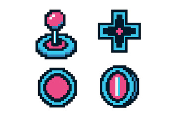 Pixel art gaming controller icons with joystick, d-pad, and buttons in retro style
