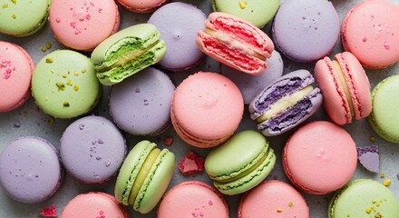 Assorted Colorful Macarons: Delicious French Dessert with Pastel Colors and Sweet Filling