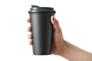 Human hand angled inward grasping a modern charcoal travel mug, isolated on transparent background.
