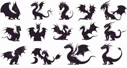 Modern illustration featuring a collection of dragon silhouettes set