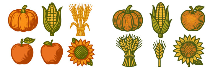 Colorful autumn harvest illustrations featuring pumpkins, apples, corn, wheat, and sunflowers