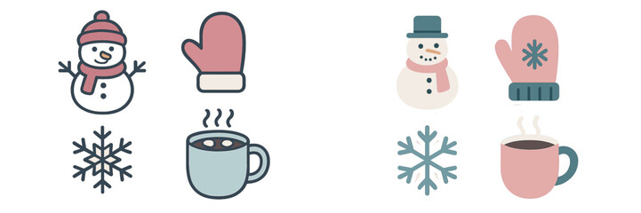 Winter warmth and joy represented by snowmen, mittens, hot drinks, and snowflakes in seasonal colors