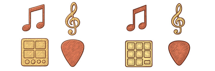 Elements of music with notes, symbols, and instruments on a textured background