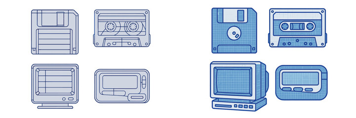 Vintage technology collection showcasing floppy disks, cassette tapes, and retro computers in a minimalist design