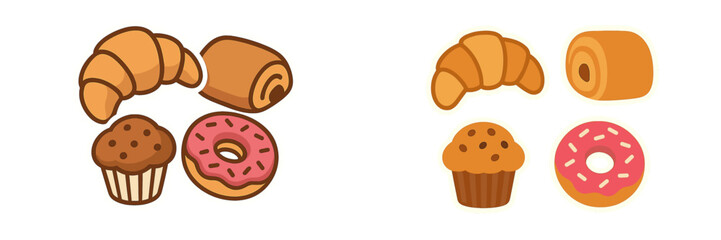 Delicious bakery treats including croissants, rolls, muffins, and donuts in a bright and colorful arrangement