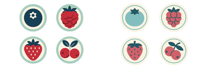 Colorful fruit icons in circular designs featuring various berries and cherries on a simple background