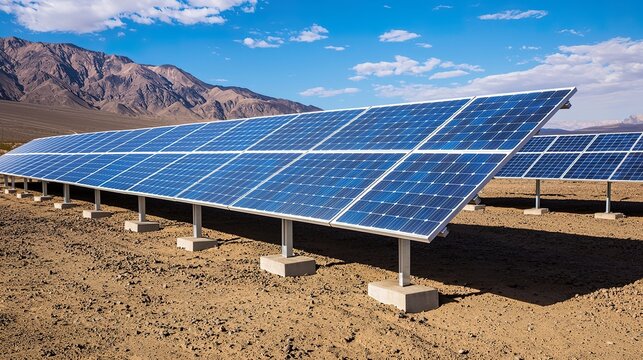 Modular solar panel array unfolding automatically on a desert landscape, generating clean energy, sustainable infrastructure, arid environment 