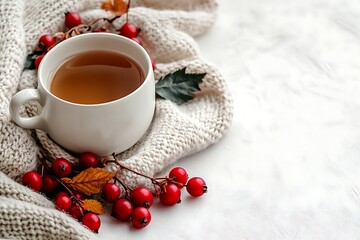 Cozy Fall Tea Cup, Knit Scarf, Red Berries and Autumn Leaves Still Life