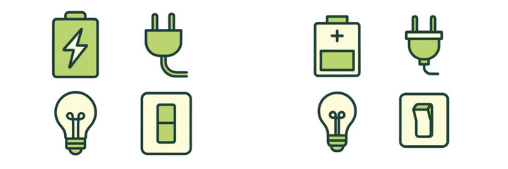 Collection of energy symbols and icons representing power sources and electrical devices in a simple design