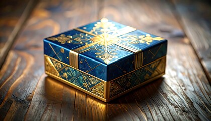 Ornate blue and gold gift box on wooden table