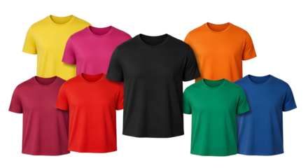 Collection of colorful blank t-shirts displayed in a studio setting, showcasing various hues.